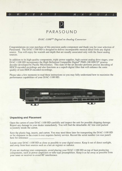 Parasound D/AC-1100 HD Bedienungsanleitung