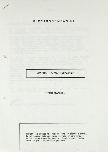 Electrocompaniet AW 100 Operating Instructions