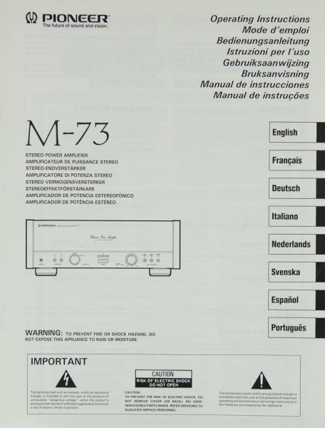 Pioneer M-73 Owner&#039;s Manual