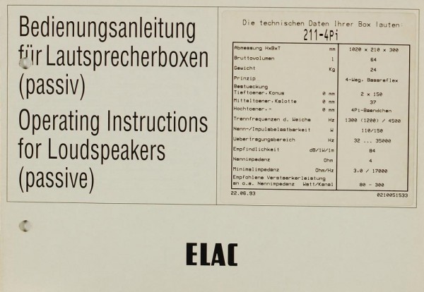 Elac 211-4 Pi Operating Instructions
