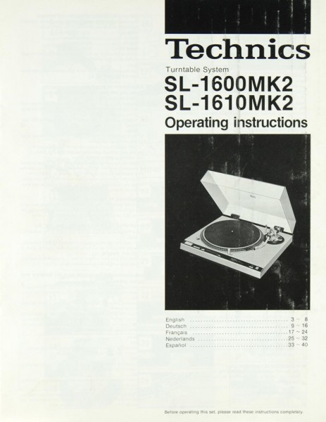 Technics SL-1600 MK 2 / SL-1610 MK 2 Operating Instructions