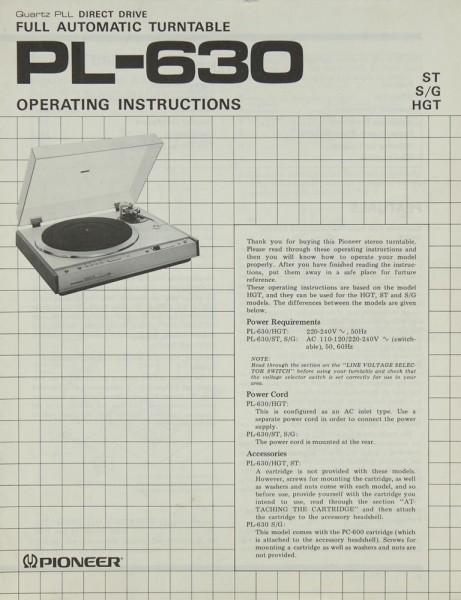 Pioneer PL-630 User Manual