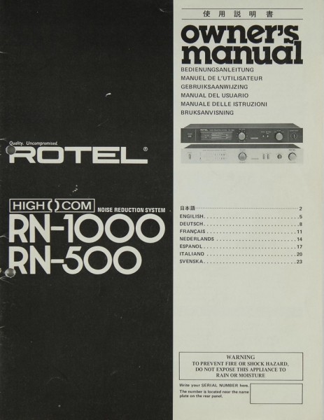 Rotel RN-1000 / RN-500 Operating Instructions