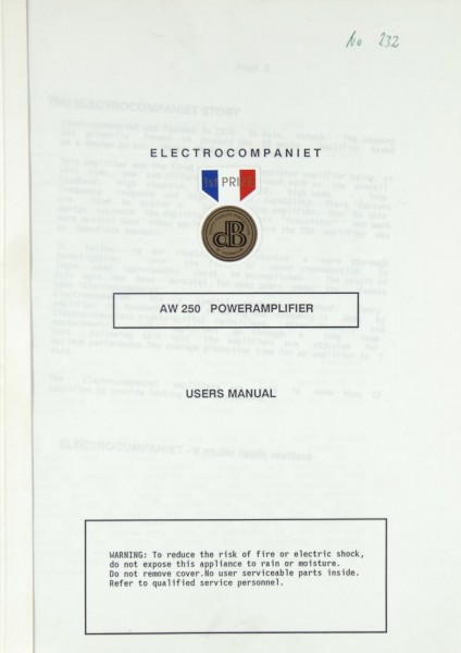 Electrocompaniet AW 250 Operating Instructions