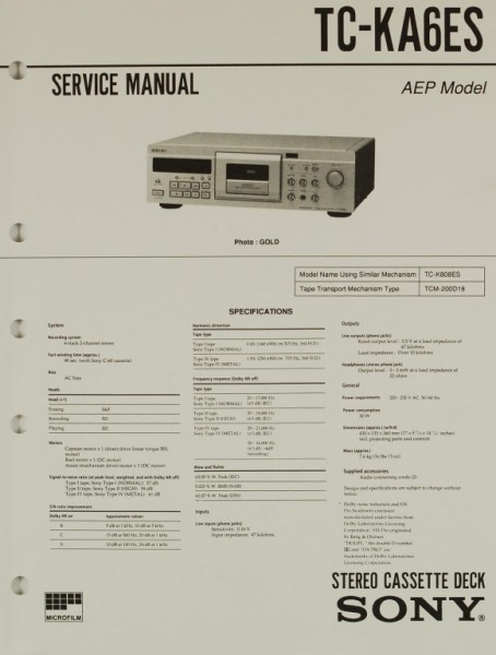 Sony TC-KA 6 ES Schaltplan / Serviceunterlagen