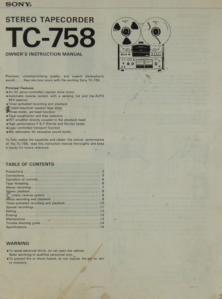 Sony TC-758 Bedienungsanleitung