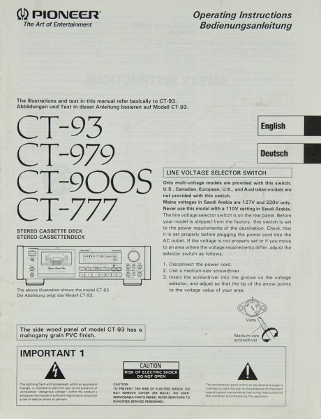Pioneer CT-93 / 979 / 900 S / 777 Operating Instructions