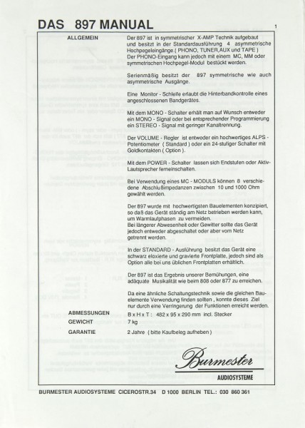 Burmester 897 User Manual