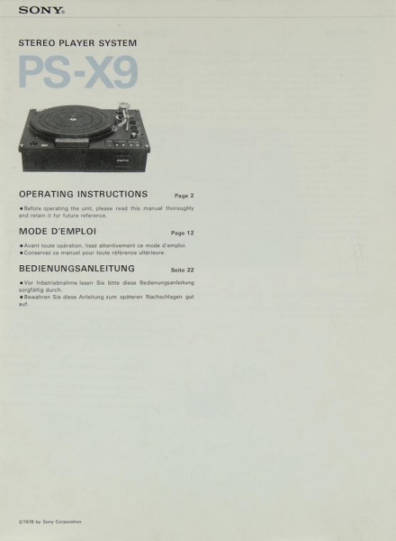 Sony PS-X 9 Operating Instructions