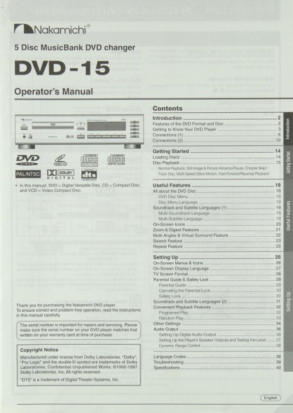 Nakamichi DVD-15 Manual