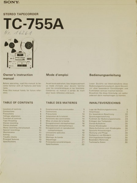 Sony TC-755 A Instruction Manual