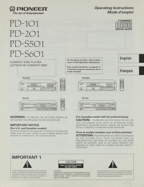 Pioneer PD-101 / 201 / S 501 / S 601 Owner&#039;s Manual