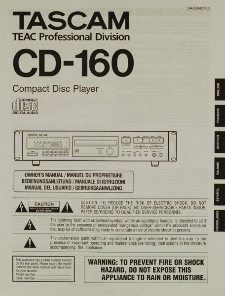 Tascam CD-160 Operating Instructions