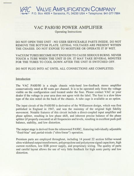 VAC PA 80/80 Bedienungsanleitung