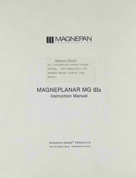 Magneplanar Magneplanar MG III A Owner&#039;s Manual