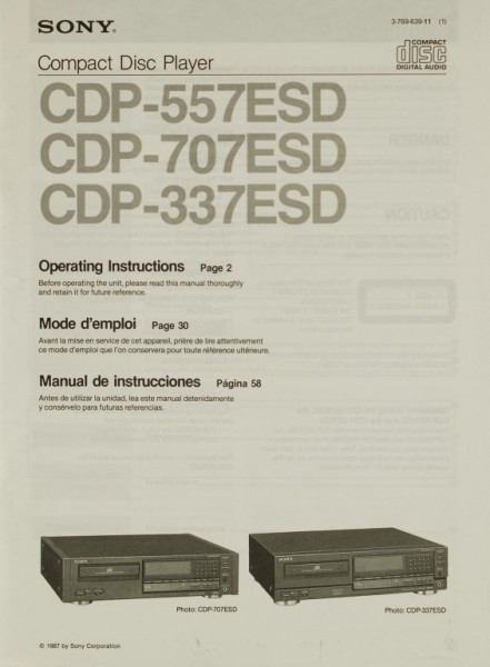 Sony CDP-557 ESD / CDP-707 ESD / CDP-337 ESD Operating Instructions