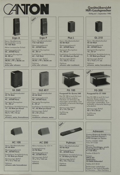 Canton Geräteübersicht Hifi Lautsprecher ab 1. 9. 1982 Prospekt / Katalog