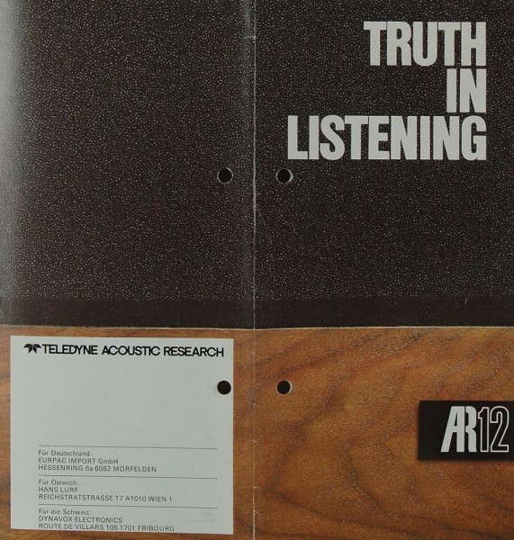 Acoustic Research AR 12 - Truth in Listening Brochure / Catalogue