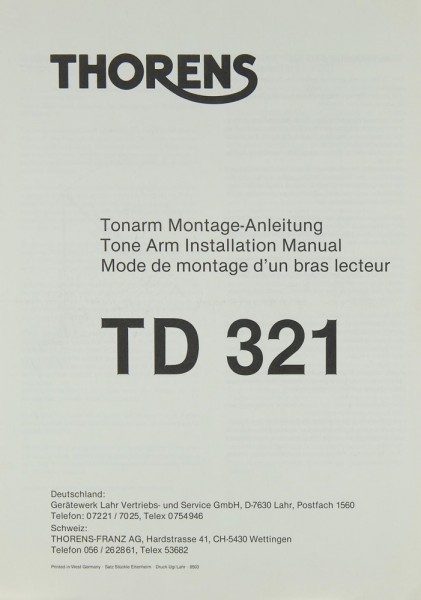 Thorens TD 321 Adjustment Instructions