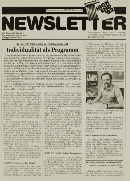 Miscellaneous Newsletter - High End ´82 - Hifivideo ´82 Review reprint