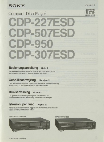 Sony CDP-227 ESD / CDP-507 ESD / CDP-950 / CDP-307 ESD Manual
