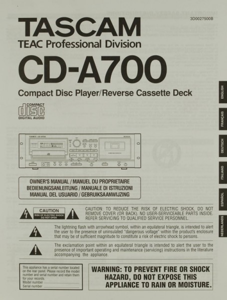 Tascam CD-A 700 Operating Instructions