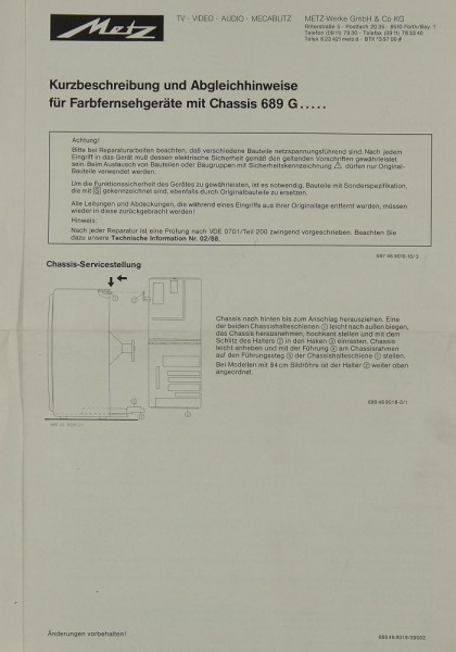 Metz Farbfernsehgeräte mit Chassis 689 G Schematics / Service Manual