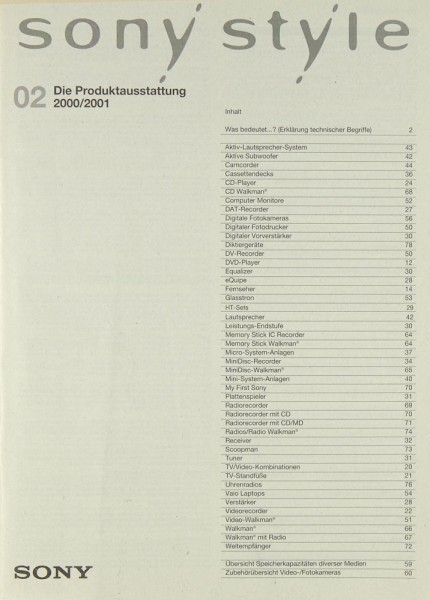 Sony Produktausstattung 2000/2001 Prospekt / Katalog