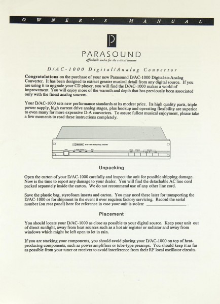 Parasound D/AC-1000 Operating Instructions