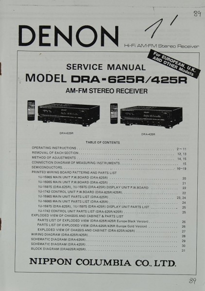 Denon DRA-625 R / 425 R Schaltplan / Serviceunterlagen