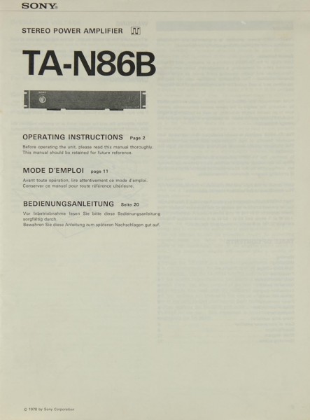Sony TA-N 86 B Owner&#039;s Manual