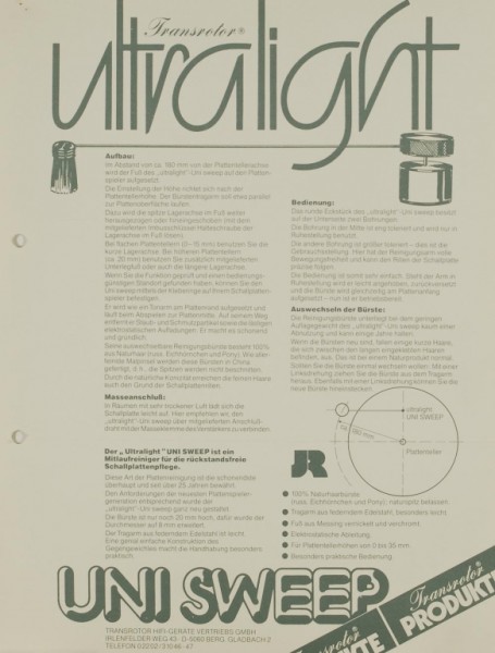 JR Transrotor Ultralight Uni Sweep Brochure / Catalog